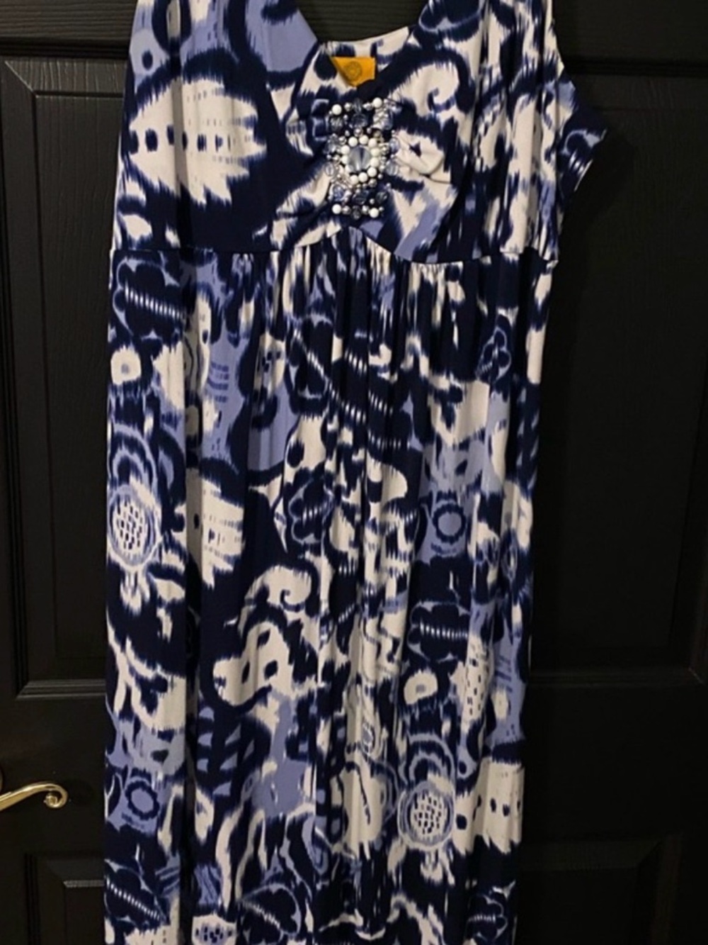 Blue and White Beaded Empire Waist Maxi Dress